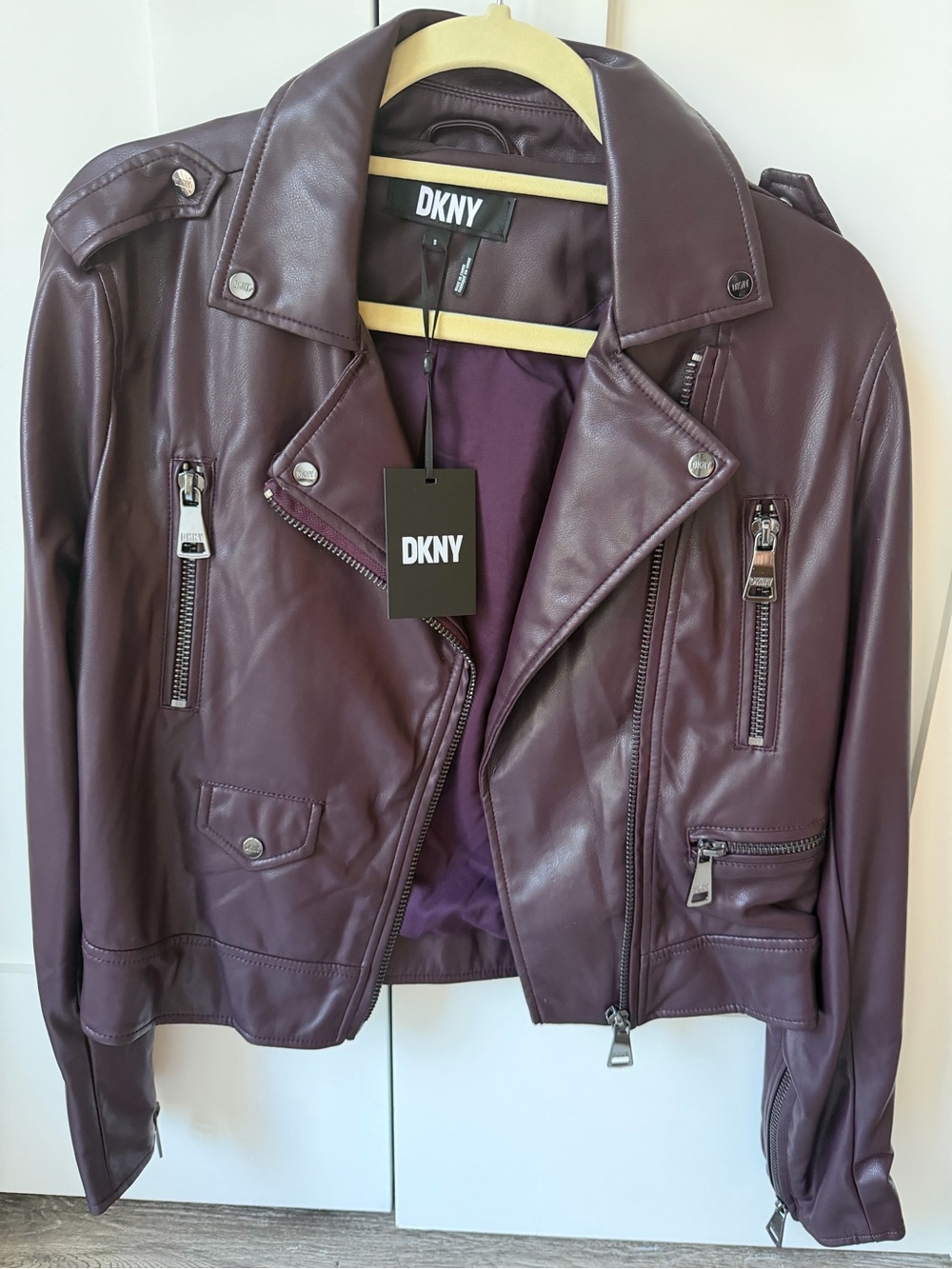 DKNY Deep Plum Leather Moto Jacket